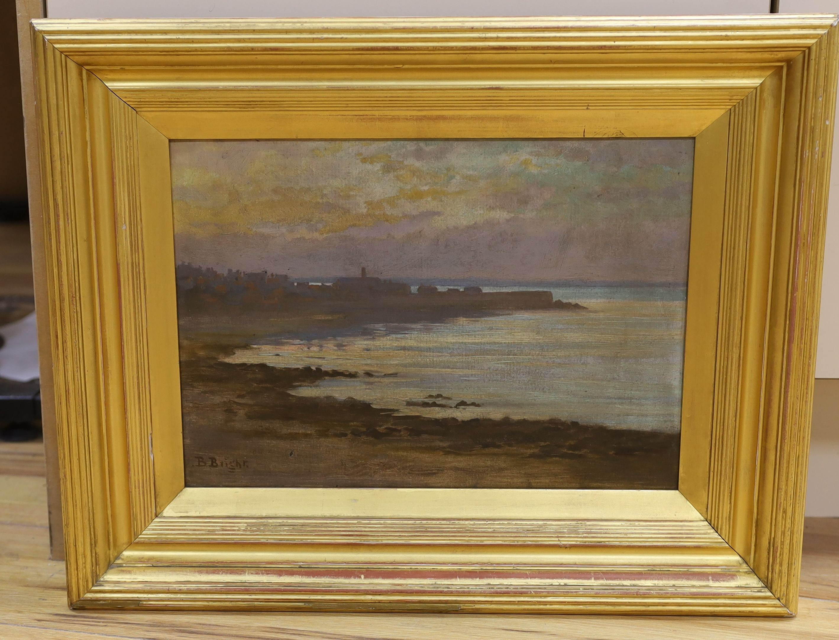 Beatrice Bright (1861-1940), oil on millboard, Coastal landscape at sunset, signed, 25 x 35cm